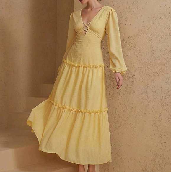 Dresses & Skirts - French Style Solid Color Textured Fabric V-Neck Tie-Waist Bow Accent Ruffle